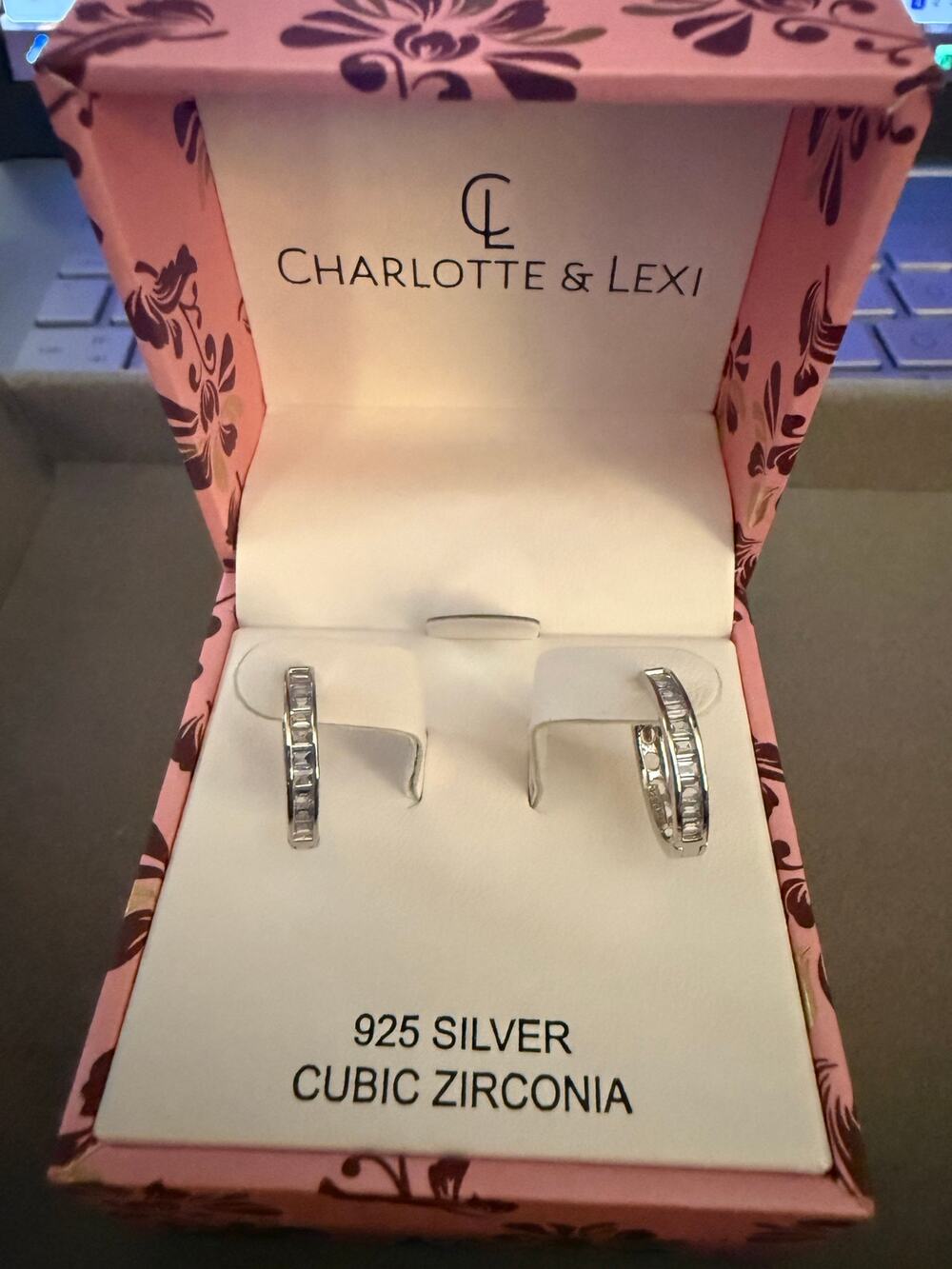 Charlotte & Lexi 925 Sterling Silver Baguette CZ Hoop Earrings New in Box